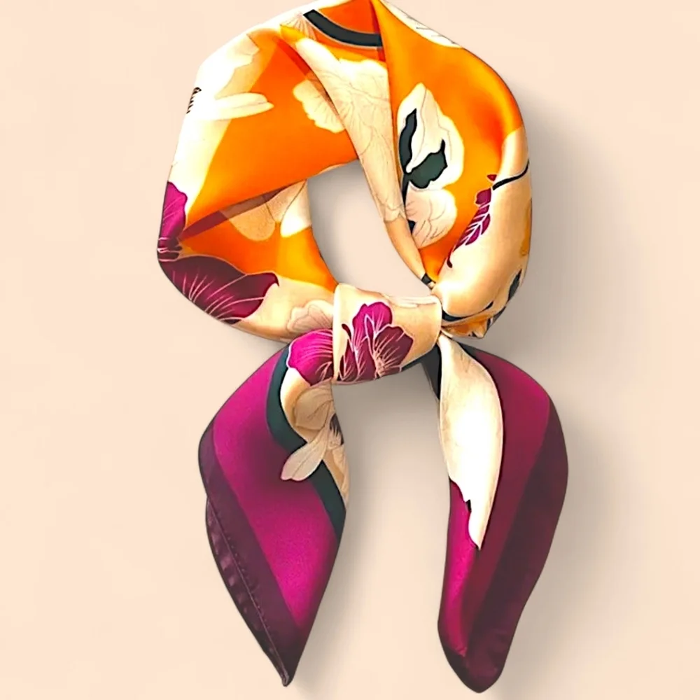😎🧡 4/$20 Floral Colorblocked Silky Scarf Square- Orange, Purple, Cream & Green - Picture 3 of 7